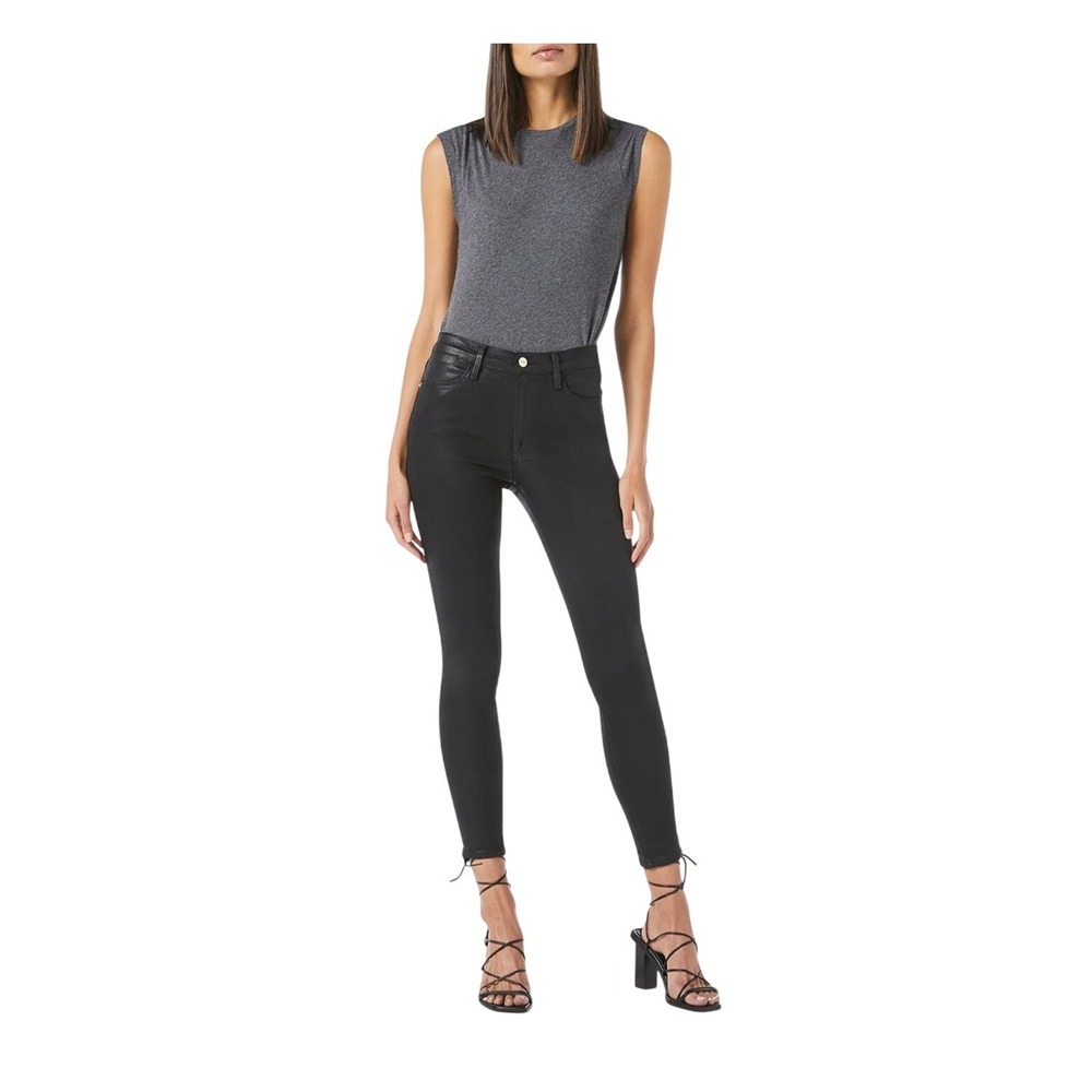 Frame Le Skinny High Rise Black Noir Coated Denim Jeans 27